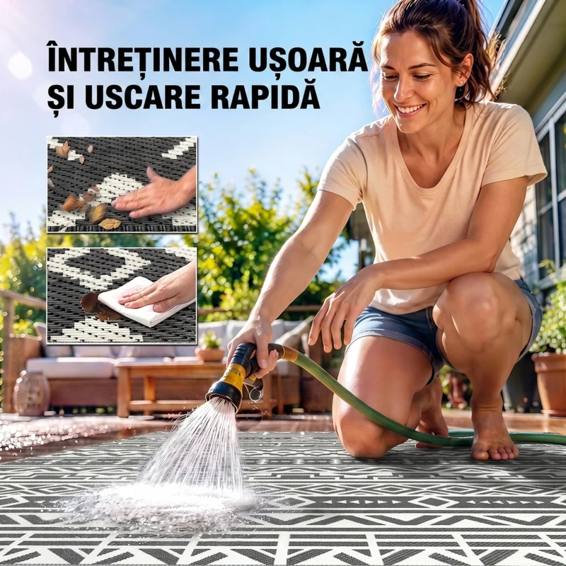 Outsunny Covor de Exterior Reversibil cu Model Geometric și Geantă Inclusă, 182x274 cm, Gri și Alb