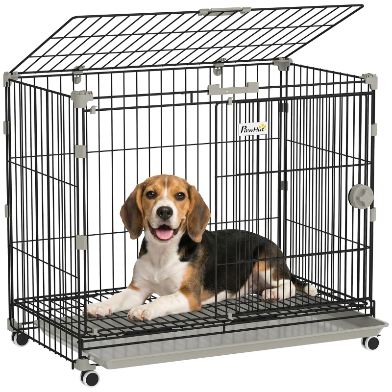 PawHut Cage pour Chien, Plateau Amovible, Roues avec Freins, Toit Ouvrant Verrouillable, 75,5x46x64,5cm, Noir