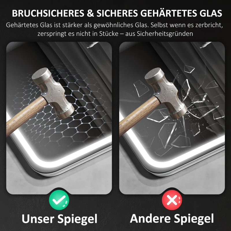 HOMCOM LED Badkamerspiegel met Verlichting, Anti-Condens Functie, 3 Instelbare Lichtkleuren, Geïntegreerde Klok, 70 x 90 cm, Zilver(m-8)