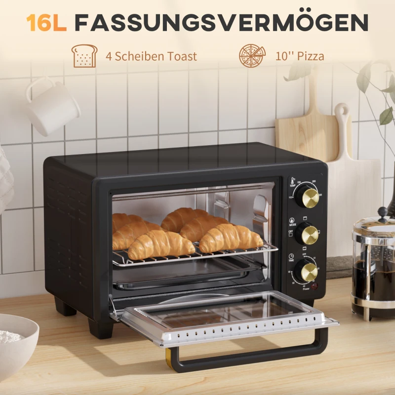HOMCOM Mini-Oven, Toasteroven met Timer, Rooster, Bakplaat, Glazen Venster, Metaal, Zwart