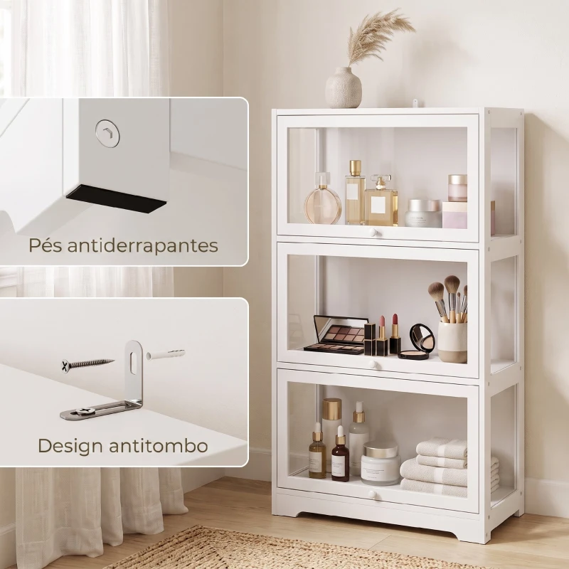 HOMCOM Vitrine Expositora para Coleções com 3 Níveis e Portas Elevatórias em Acrílico para Figuras 59x30x106 cm Branco