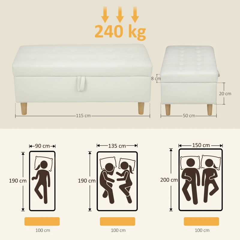HOMCOM Opberg hocker, houten poten, zachte stofbedekking, Crème-wit(m-3)