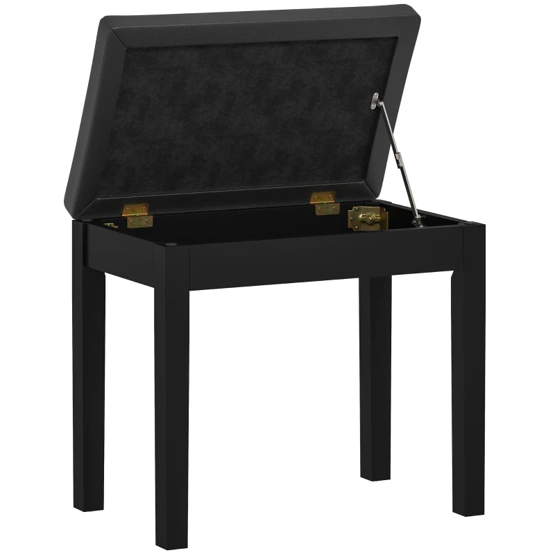 HOMCOM Pianokruk met Opbergruimte, Kunstleder Bekleed, Gestikte Knopen, Rubberhouten Poten, Zwart