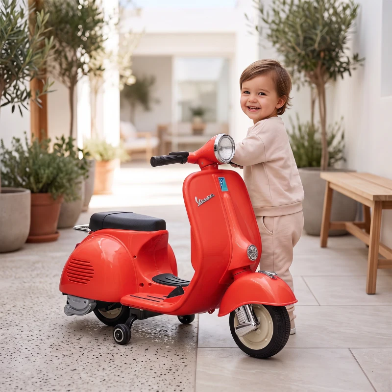 AIYAPLAY Moto Eléctrica para Niños Licencia VESPA Arranque Suave Ruedines Desmontables Luz Delantera Música, Bocina USB Rojo