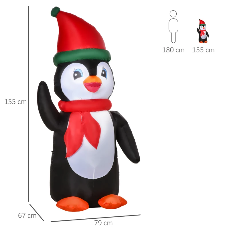 HOMCOM opblaasbare kerstpinguïn 1,6 m kerstdecoratie met lichtjes verlichting Kerstmis feestdecoratie automatisch opblazen weerbestendig polyesterstof veelkleurig 79 x 67 x 155 cm