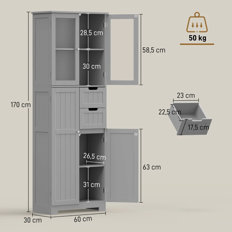 HOMCOM Meuble de salle de bain haut, meuble de rangement avec 4 portes dont 2 vitrées, 2 tiroirs et étagères réglables, gris