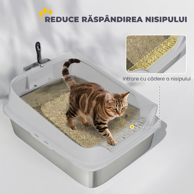 PawHut Litieră pentru Pisici XXL din Oțel Inoxidabil cu Lopățică și Laterale Înalte, Gri