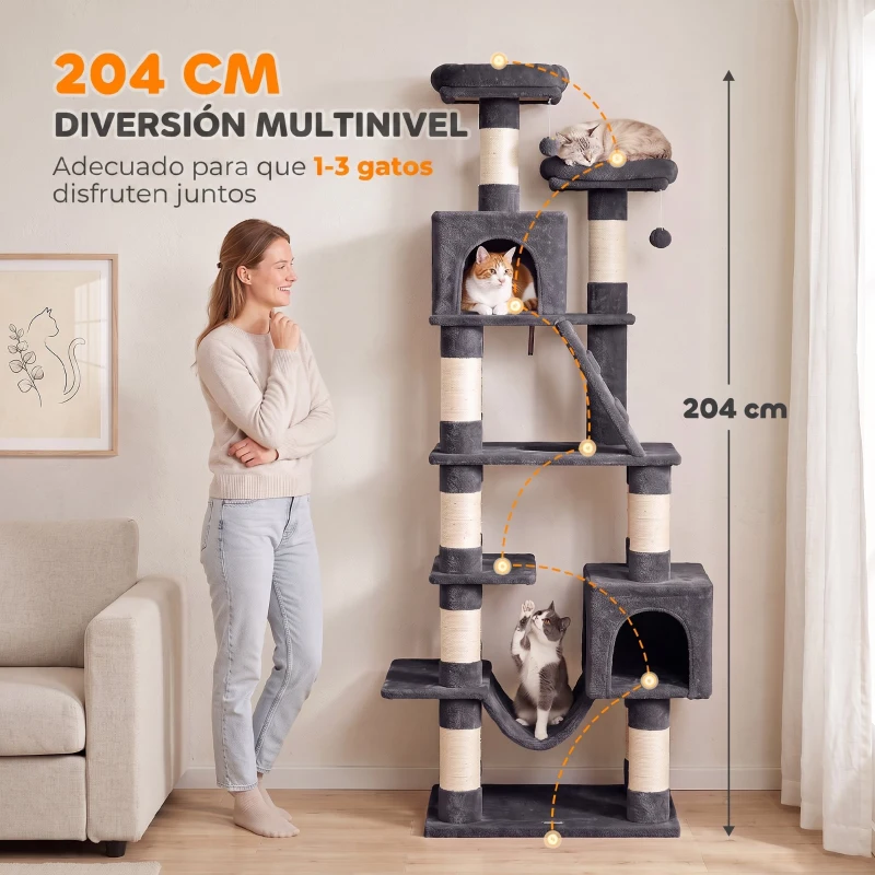 PawHut Árbol Rascador para Gatos 204 cm Multinivel con 2 Cuevas Hamaca 2 Camas Postes de Sisal Escalera 2 Bolas Gris Oscuro
