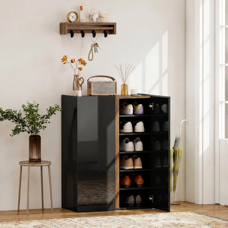 HOMCOM Schuhschrank mit leiser Sicherheitsöffnung, 6 Ebenen, grifflose Design, Hochglanz Schwarz
