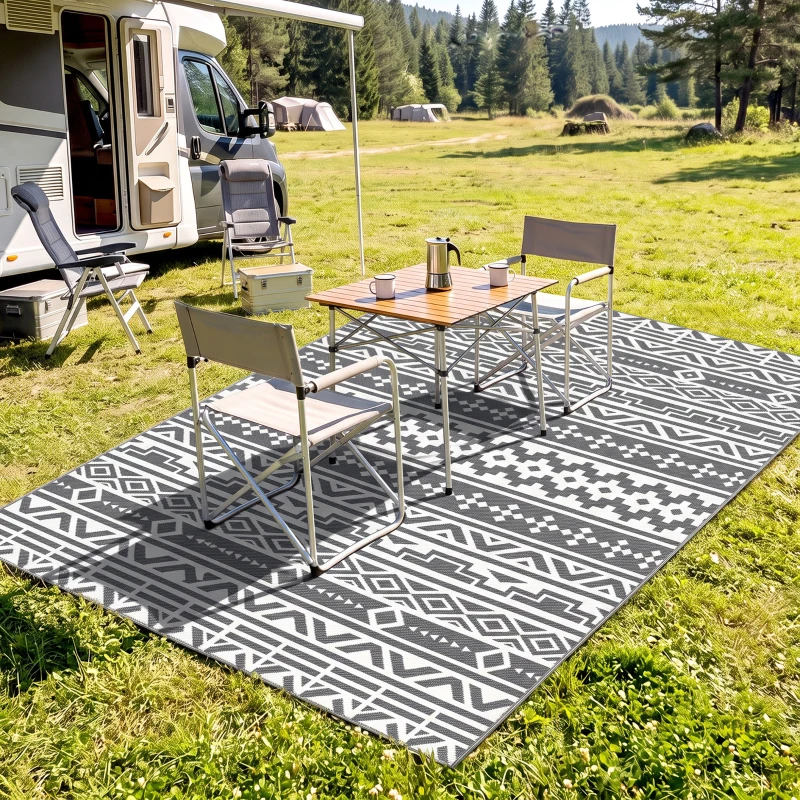 Outsunny Covor de Exterior Reversibil cu Model Geometric și Geantă Inclusă, 182x274 cm, Gri și Alb
