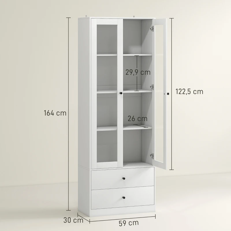 HOMCOM Aparador de Cocina con Armario y 2 Cajones, Puertas de Vidrio y Estantes Regulables, 59x30x164 cm, Blanco