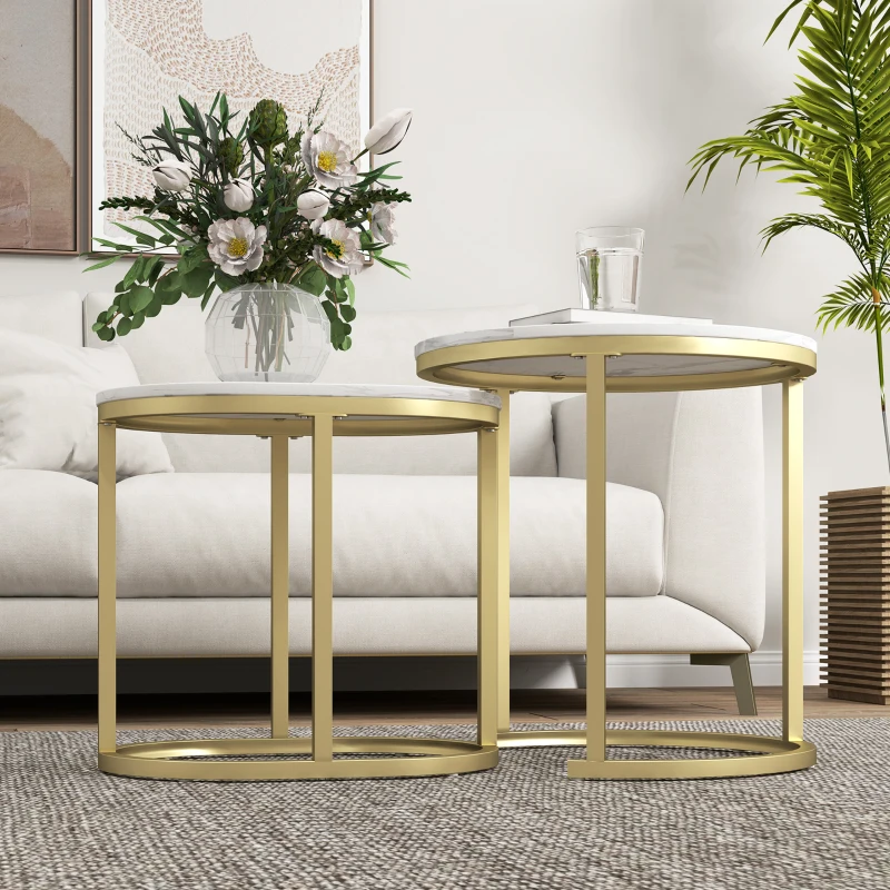 HOMCOM Set van 2 Salontafels, Ovale en ronde koffietafel, stapelbaar, met marmerlook, Staal, Ø50 x 50,5 cm, Wit
