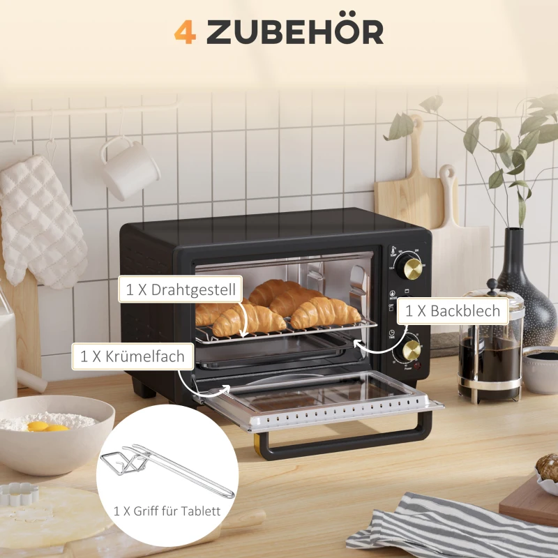 HOMCOM Mini-Oven, Toasteroven met Timer, Rooster, Bakplaat, Glazen Venster, Metaal, Zwart