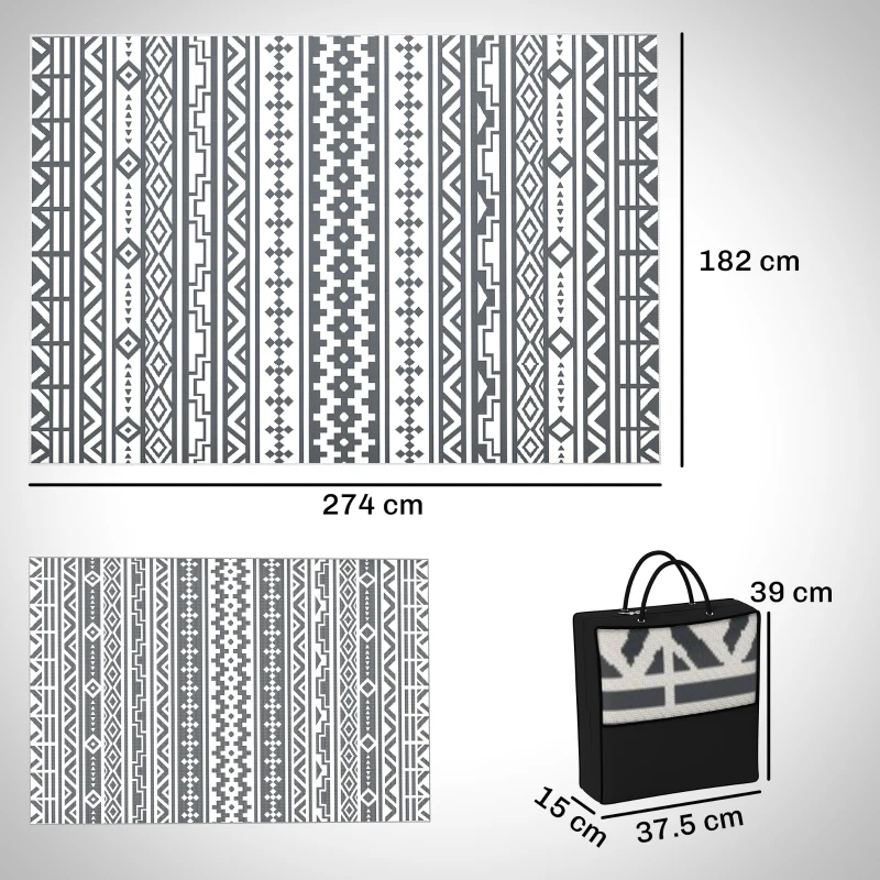 Outsunny Covor de Exterior Reversibil cu Model Geometric și Geantă Inclusă, 182x274 cm, Gri și Alb