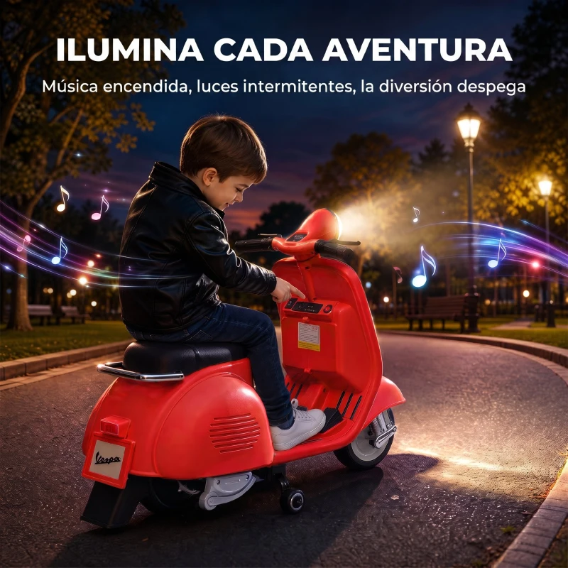 AIYAPLAY Moto Eléctrica para Niños Licencia VESPA Arranque Suave Ruedines Desmontables Luz Delantera Música, Bocina USB Rojo