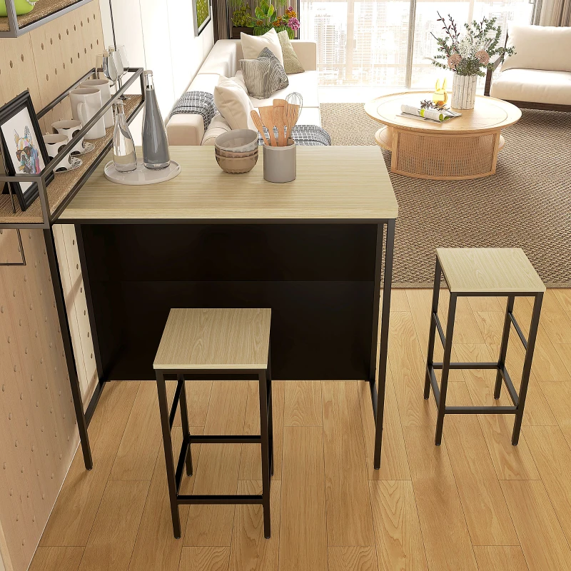 HOMCOM Barset, 2 Barkrukken & 1 Bartafel, vlekbestendig, stabiel, Staalframe, Zwart/Eik
