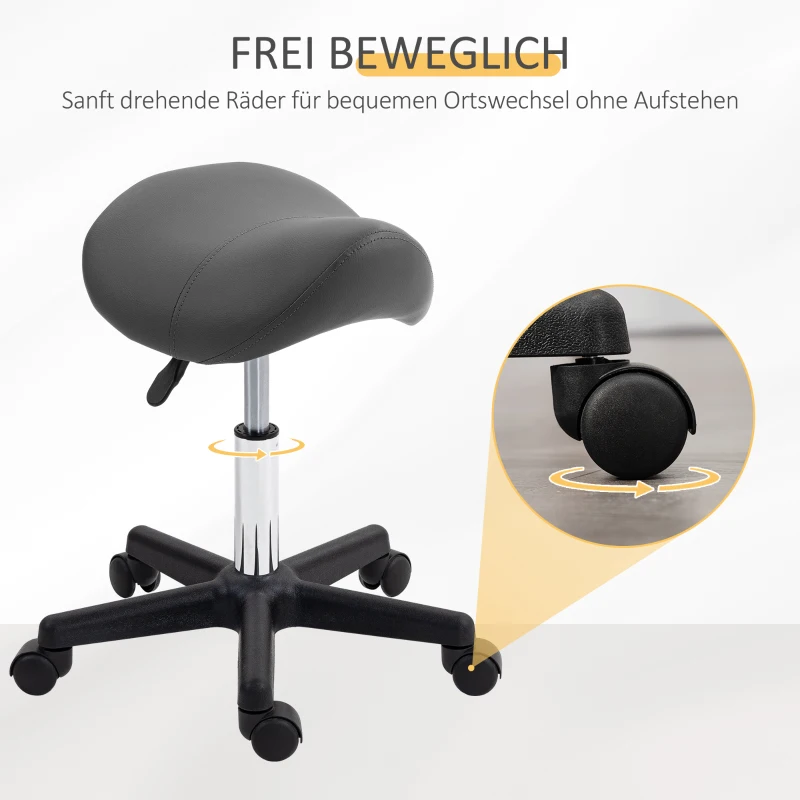HOMCOM Rollende Kruk, zadelvormige zitting, hoogte verstelbaar, 360° draaibaar, kunstleer, grijs, 48 x 47 x 45-59 cm