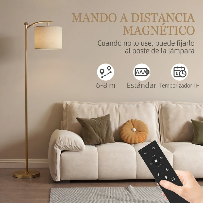 HOMCOM Lámpara de Pie LED Regulable con Temperaturas de Color Ajuste Continuo Control Remoto Temporizador de 60 Minutos Dorado