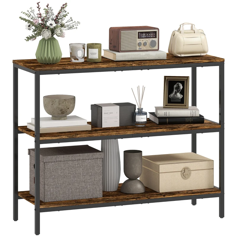 HOMCOM Console Tafel, Bijzettafel met 3-niveaus Rek, Spaanplaat, Metaal, Lichtbruin
