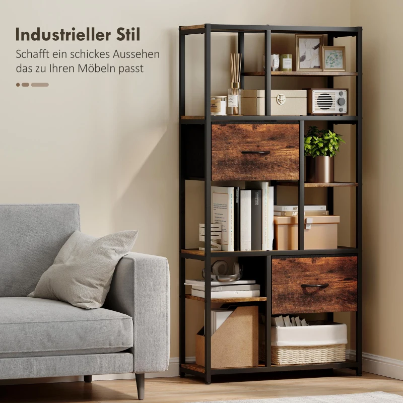 HOMCOM Opbergrek, 2 stoffen lades, 9 open vakken, vrijstaand rek met stalen frame, Bruin+Zwart