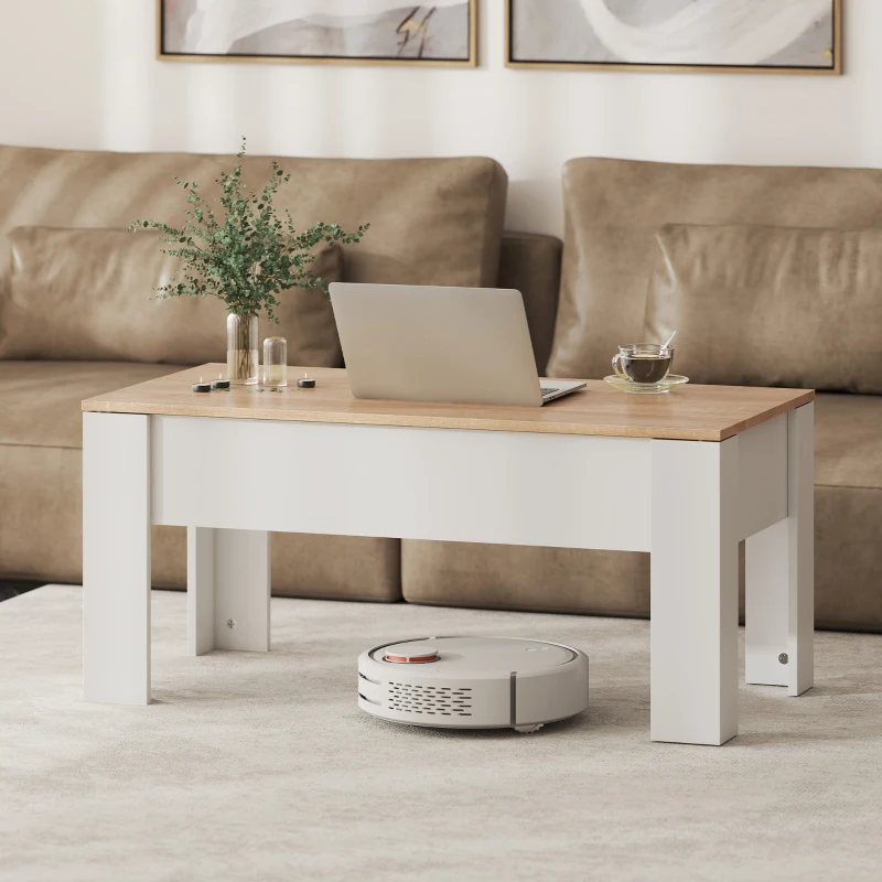 HOMCOM Mesa de Centro Elevable con Encimera Elevable con Espacio Oculto de Almacenaje 100x50x45-58,5 cm Blanco y Natural