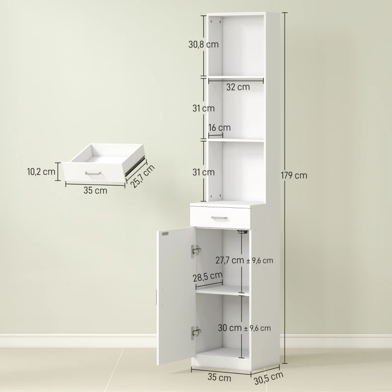HOMCOM Hoge Badkamerkast, Smal Ontwerp, Lade, Schappen, Kast, Spaanplaat, Wit
