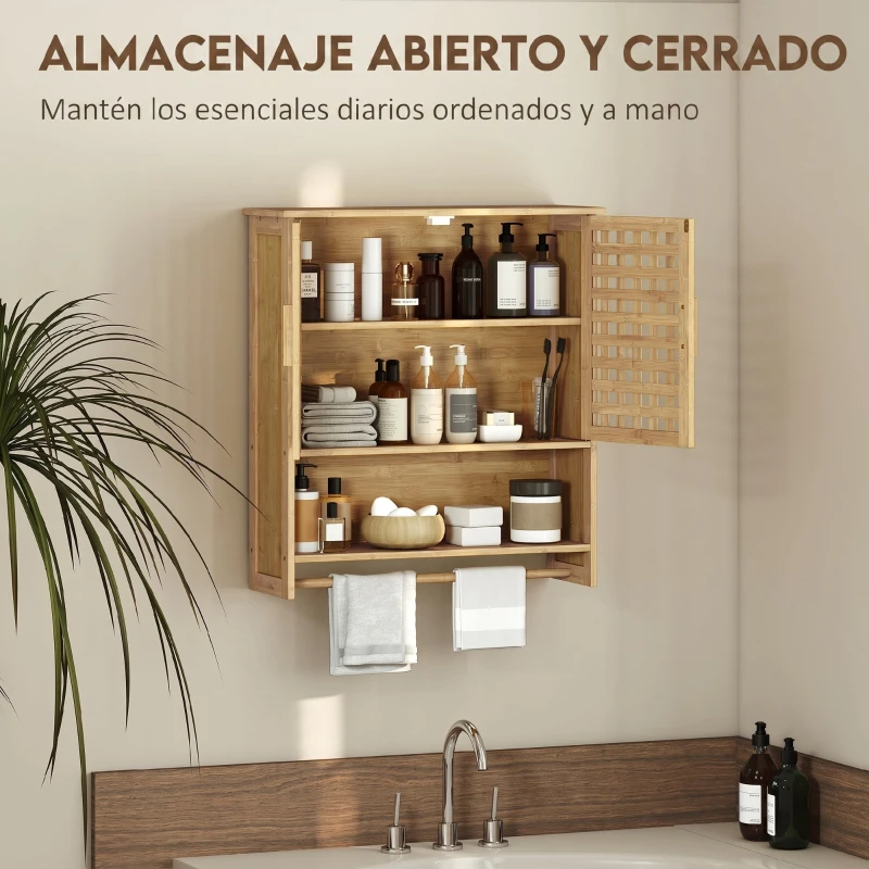 HOMCOM Armario de Baño de Pared de Bambú con 2 Puertas de Celosía Estante Abierto y Estante Ajustable Natural