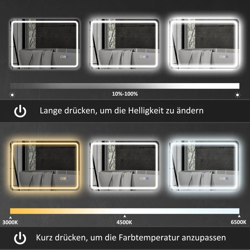 HOMCOM Badkamerspiegel met LED-verlichting, Anti-condensfunctie, Instelbare Kleuren (3 opties), 70 x 90 cm, Zilver