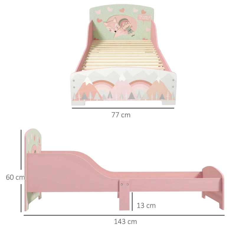ZONEKIZ Letto per Bambini 3-6 Anni con Bordi Rialzati, Doghe e Fantasia con Animali, 140x70 cm, Rosa