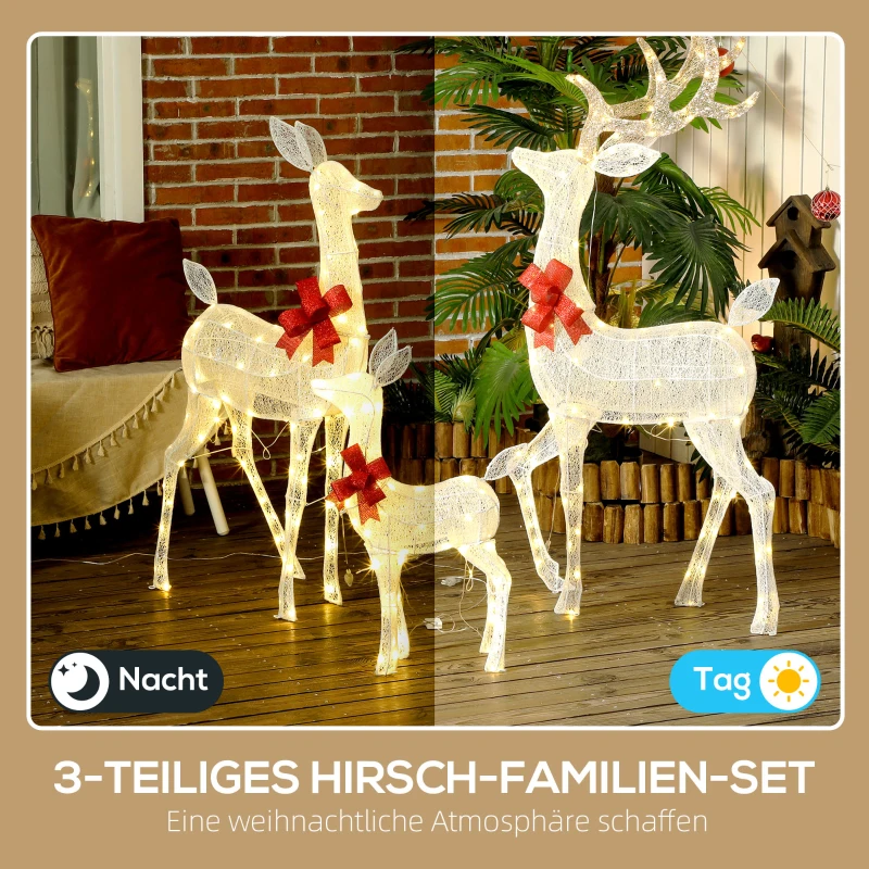 Outsunny Rendierenfamilie met rode strikken, 283 LEDs, Kerstverlichting, weerbestendig, Goud