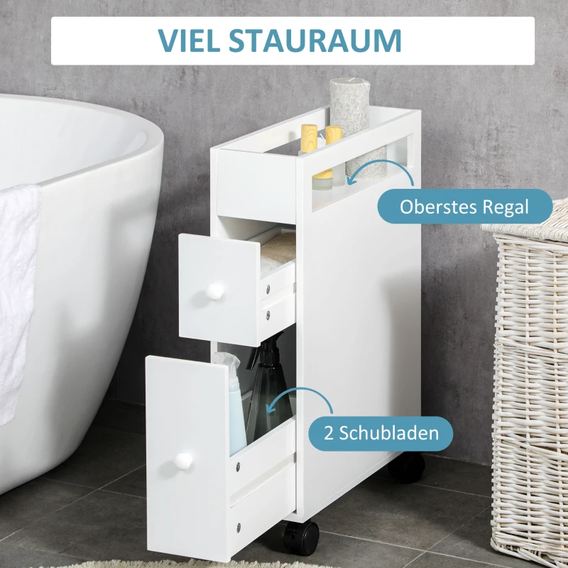 HOMCOM Badkamerkast op wielen, smal design, twee lades, vier wielen, wit, 16 x 49,5 x 66 cm(m-4)
