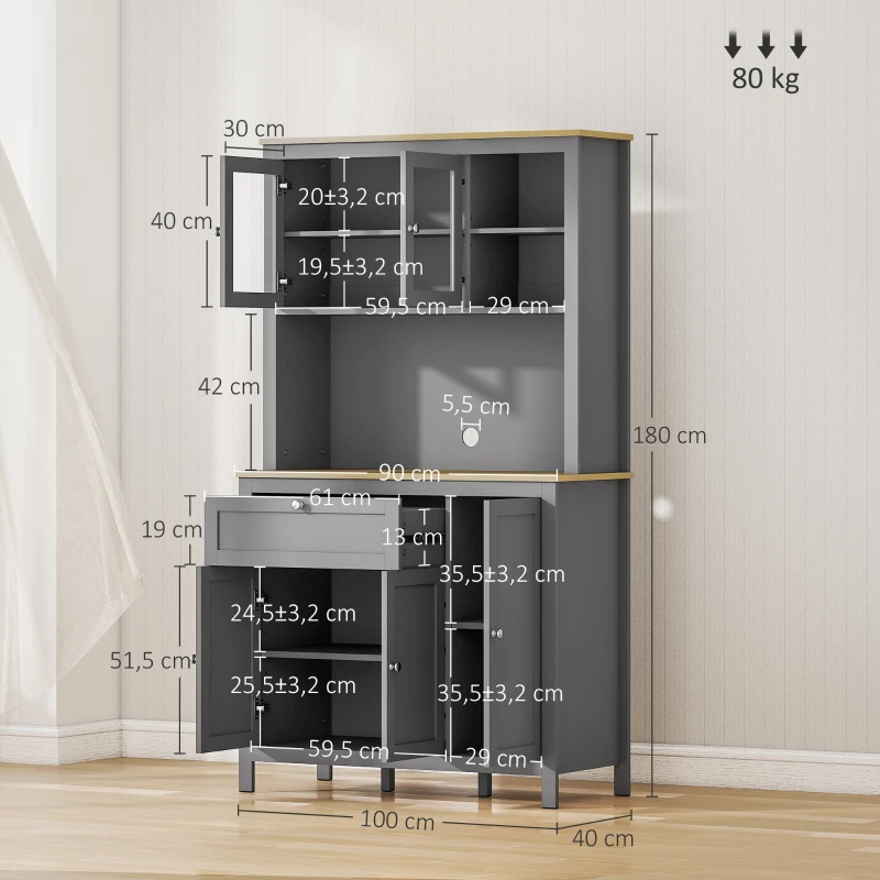 HOMCOM Alacena de Cocina Mueble Auxiliar de Cocina con 5 Puertas Estante Ajustable y Encimera de Microondas 100x40x180cm Gris