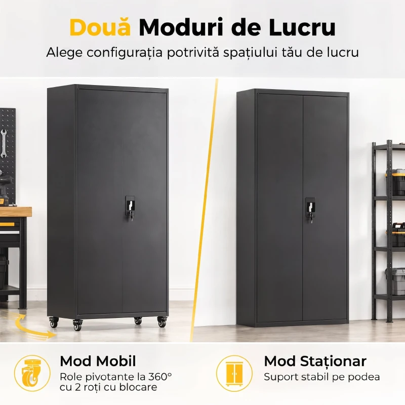 HOMCOM Dulap Metalic pentru Depozitare, Oțel, Încuietoare, Roți Detașabile și Rafturi Reglabile, 80x40x180 cm, Negru