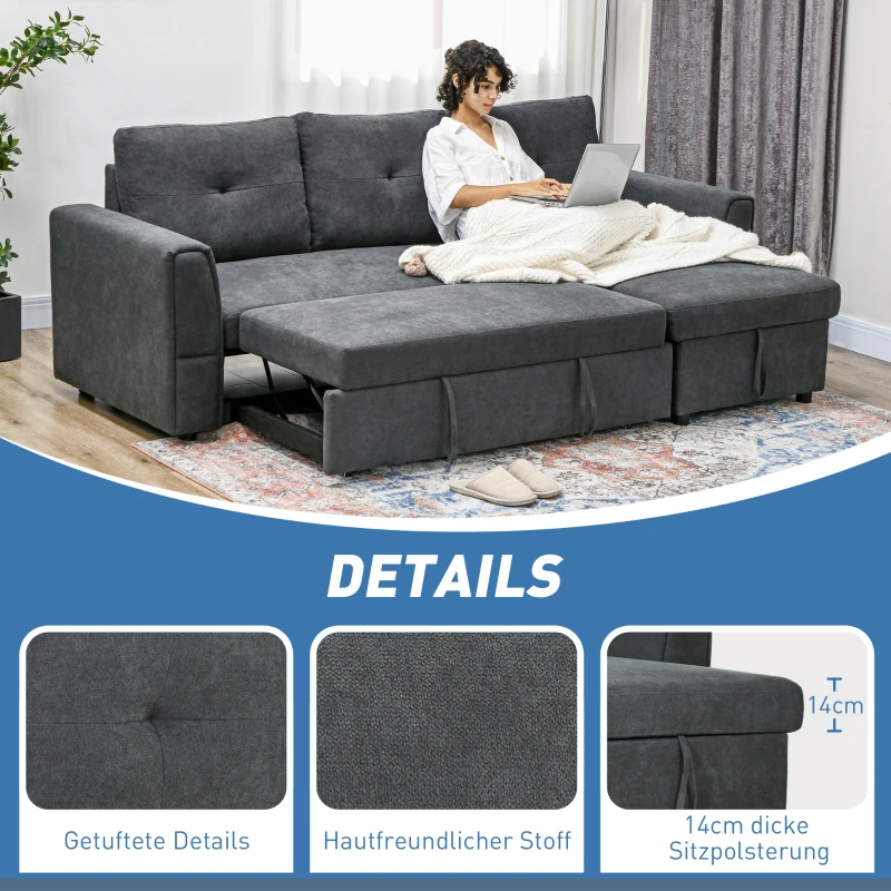HOMCOM 3-Zit Slaapsofa met bedfunctie, slaapbank met chaise longue, gestoffeerde bank, Donkergrijs