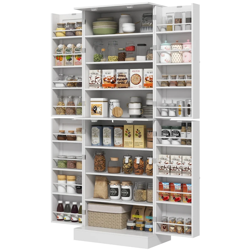 HOMCOM Credenza Cucina, Mobile Dispensa con 16 Portaspezie sulle Porte, Ripiani Regolabili, 4 Ante, per Sala da Pranzo Soggiorno, 60x35x166 cm, Bianco