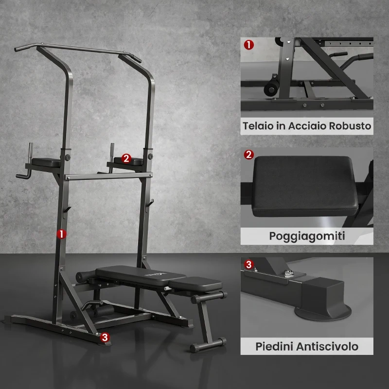 HOMCOM Power Tower Pieghevole, Stazione Fitness Multifunzione Regolabile in 7 Posizioni con Sbarra Trazioni, Dip Station, Pull UP Station