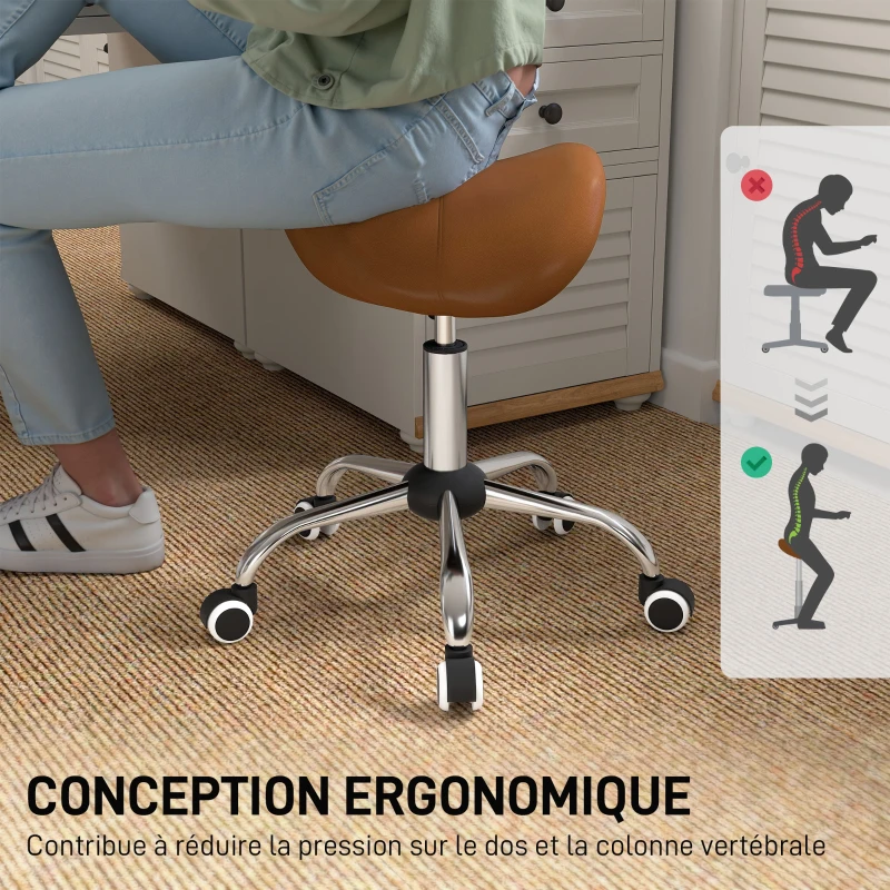 HOMCOM Tabouret à roulettes, chaise de travail avec hauteur réglable 49-61 cm et selle ergonomique, 52x53x49-61cm, marron