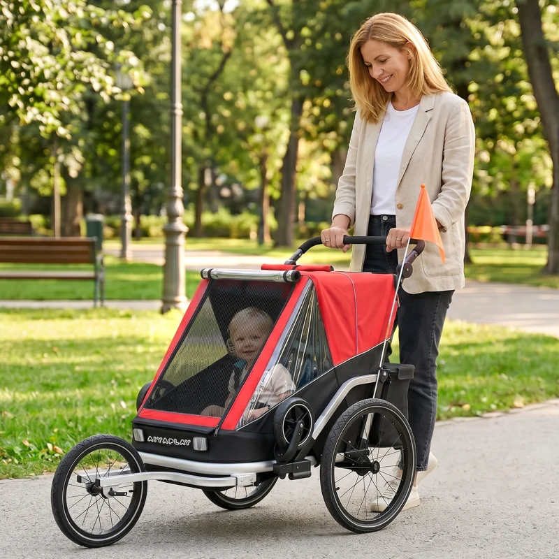 AIYAPLAY Fahrradanhänger für Kinder, 2-Sitzer, 2-in-1 faltbarer Kinderfahrradanhänger mit verstellbarem Sitz und Gurten, Rot