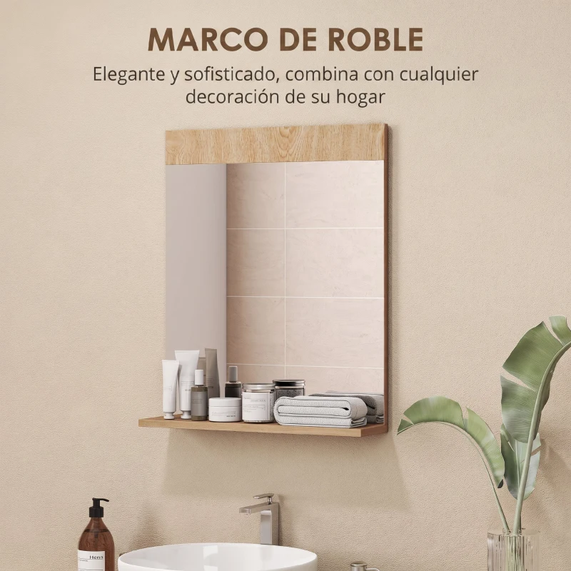 HOMCOM Espejo de Baño de Pared con Estante Abierto Espejo para Entrada Pasillo 50x12x60 cm Roble