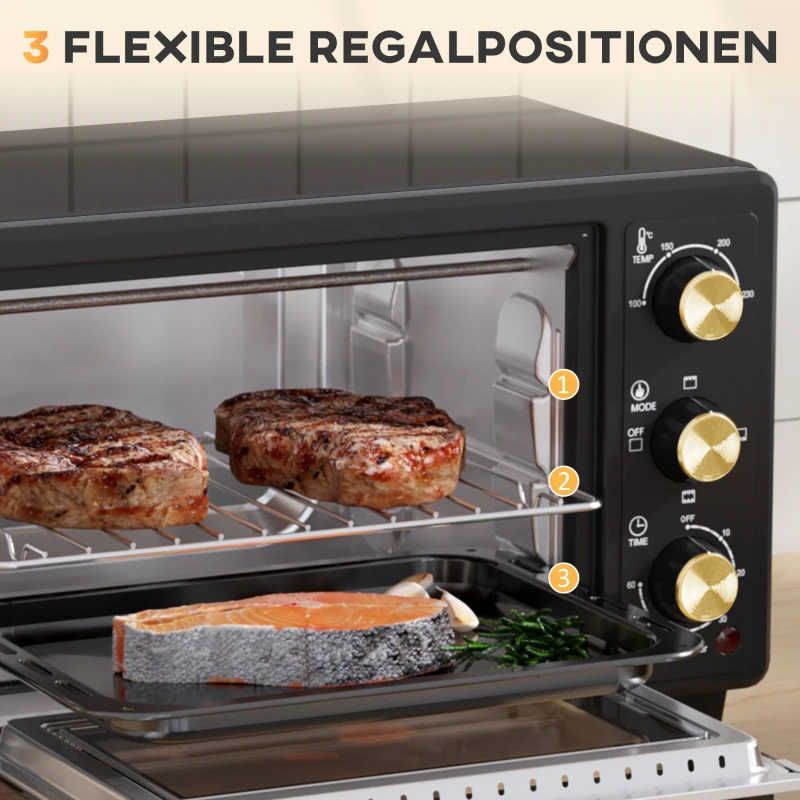 HOMCOM Mini-Oven, Toasteroven met Timer, Rooster, Bakplaat, Glazen Venster, Metaal, Zwart