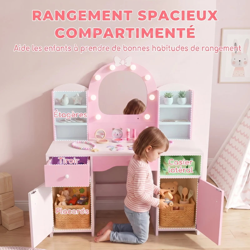 AIYAPLAY Coiffeuse pour Enfants avec Tabouret et Miroir Lumineux à 2 Couleurs en Acrylique, pour 3-8 Ans, 90 x 41 x 104 cm, Rose