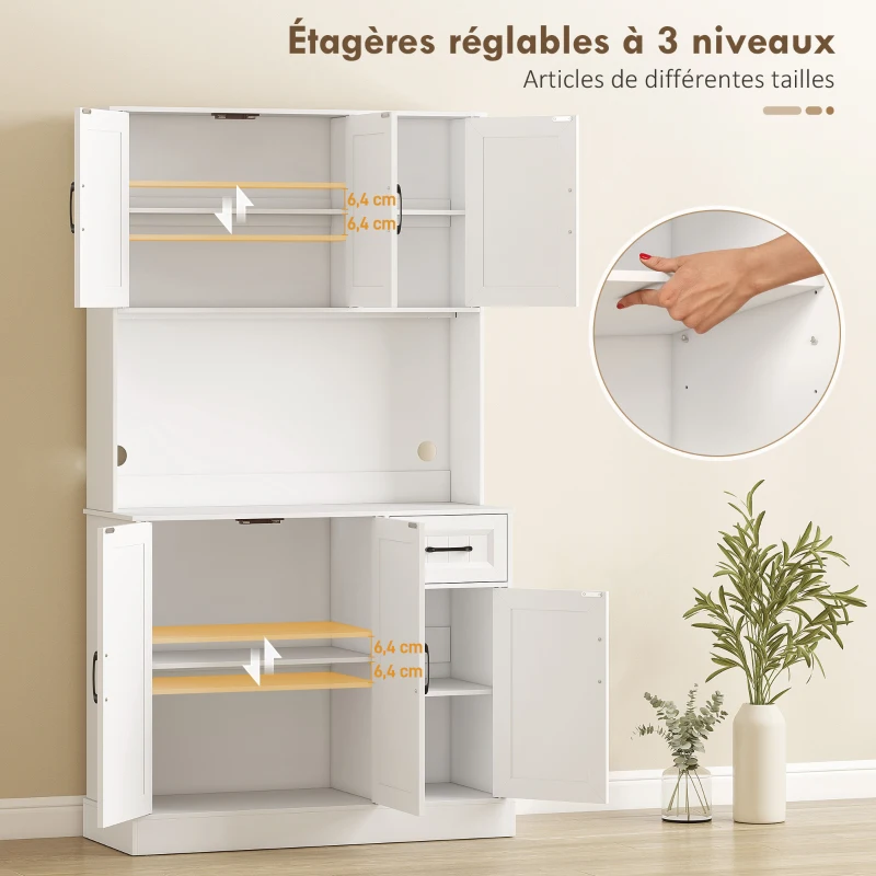 HOMCOM Buffet Haut Cuisine Moderne, 6 Portes, 1 tiroir, 1 Compartiment Ouvert, Étagères Réglables, 100 x 39,5 x 180,5 cm, Blanc(m-5)