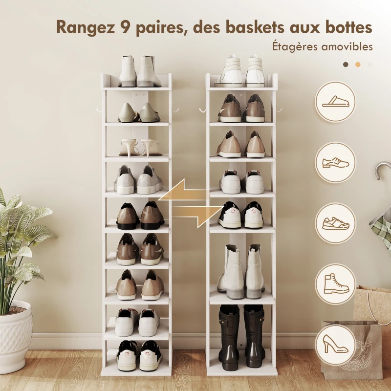 HOMCOM Étagère chaussure à 9 niveaux, range-chaussure jusqu'à 9 paires avec plateau supérieur, 2 crochets, 30x30x128,4cm, blanc