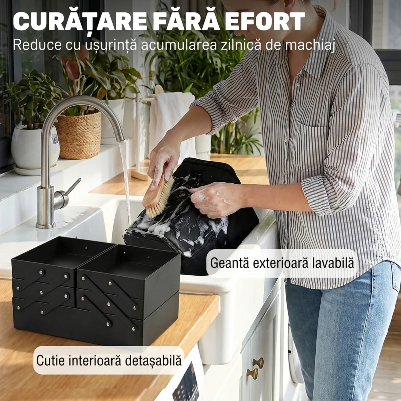 HOMCOM Trusă Machiaj Profesională, 4 Compartimente Interioare Detașabile, Curea și Mâner, 27,5x19,5x24,5 cm, Negru
