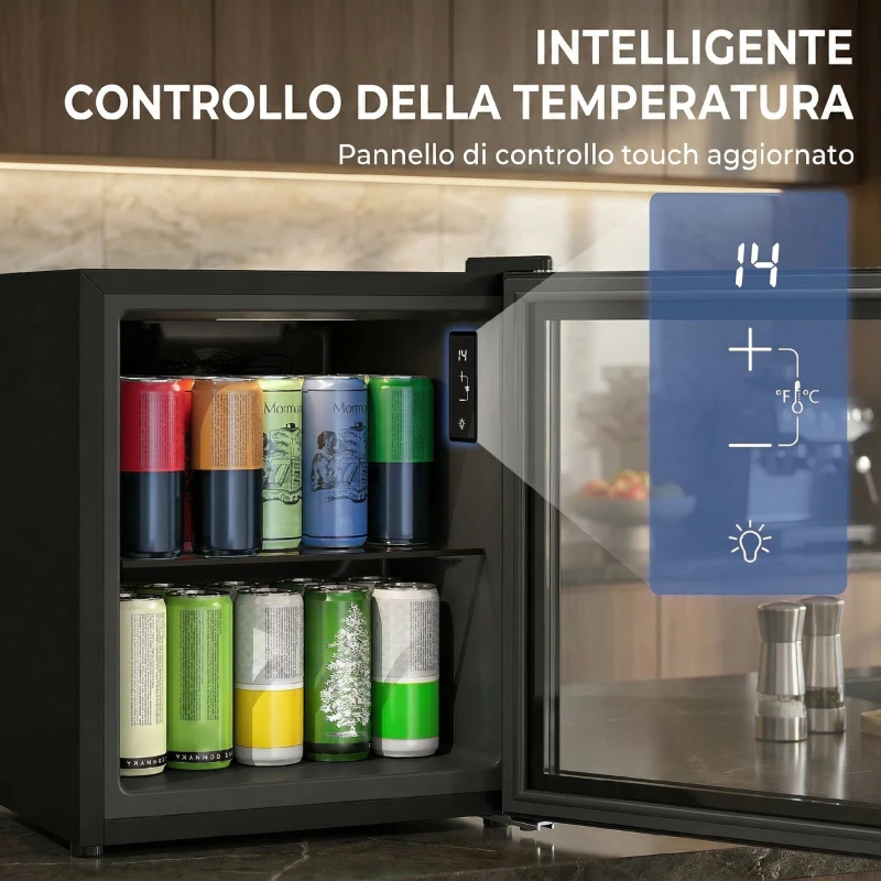 HOMCOM Frigobar da 46L in Acciaio con Temperatura Regolabile e Porta in Vetro Temperato, 42.3x40x55 cm, Nero