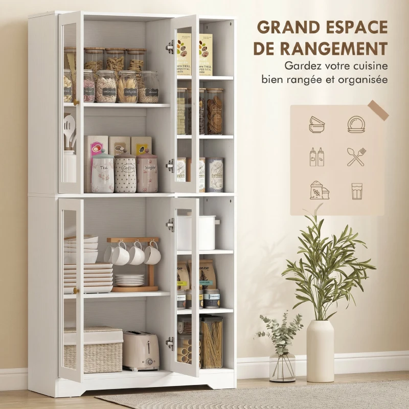 HOMCOM Buffet haut cuisine, vaisselier vitrine avec 4 portes à fermeture douce en verre trempé, 90x35x172cm, blanc