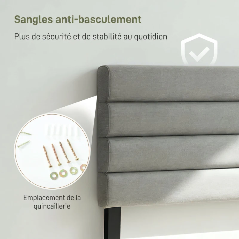 HOMCOM Tête de Lit Capitonnée, Hauteur Ajustable en 3 Niveaux avec Pieds en Métal pour Chambre, 140 x 10 x 106/116/126 cm, Gris