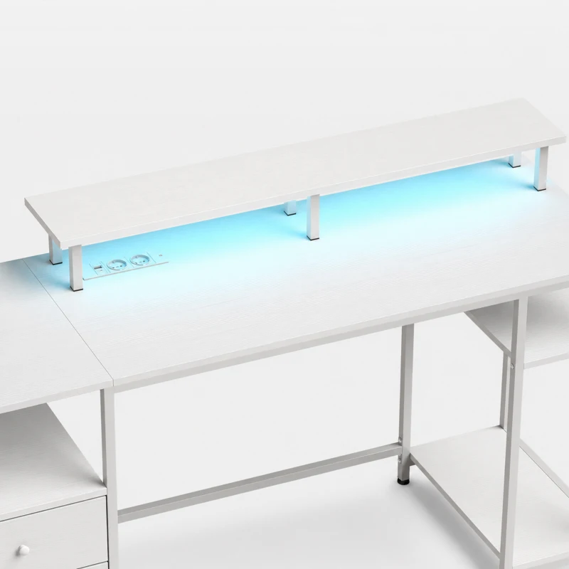 HOMCOM Mesa de Escritorio con Luces LED Cajones Tomas de Corriente Puertos USB y Soporte para Monitor 155,5x48x88,5 cm Blanco