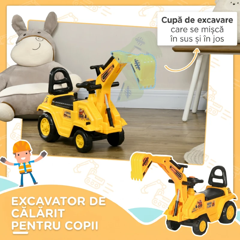 HOMCOM Excavator pentru Copii 18-48 de Luni cu Găleată și Spațiu de Depozitare
