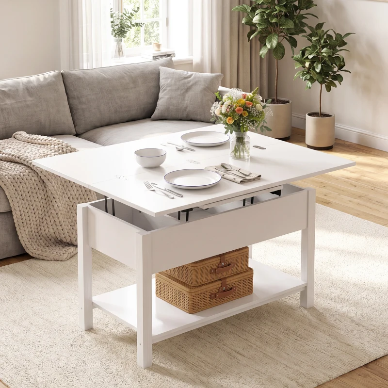 HOMCOM Table basse relevable et extensible table de salon avec compartiment caché étagère ouverte 100x45x50,5cm blanc(m-10)